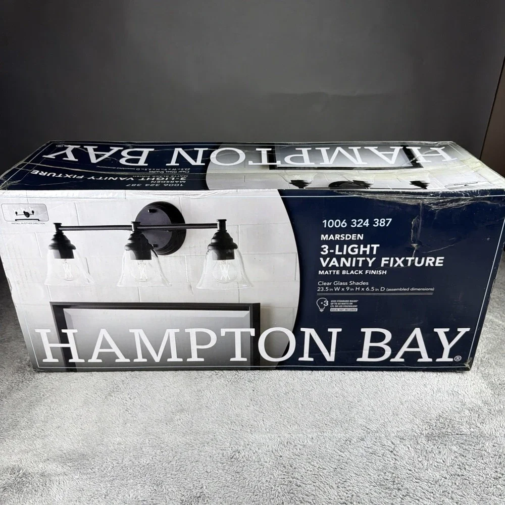 Hampton Bay Marsden 23.5 in. 3-Light Matte Black Vanity w/Clear Glass Shades
